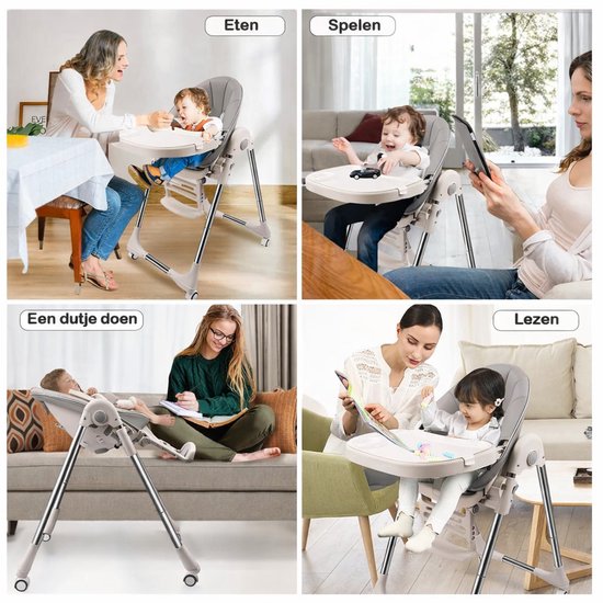 Kinderstoel -Opvouwbare meegroeiende Baby- Verstelbare hoogte - Afneembaar eetblad - 4 Zwenkwielen - Comfortabele zitting-Grijs — afbeelding 5