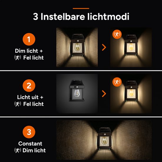 Demonstratie van 3 instelbare lichtmodi voor de solar buitenlamp: gedimd licht, uit en constant gedimd.