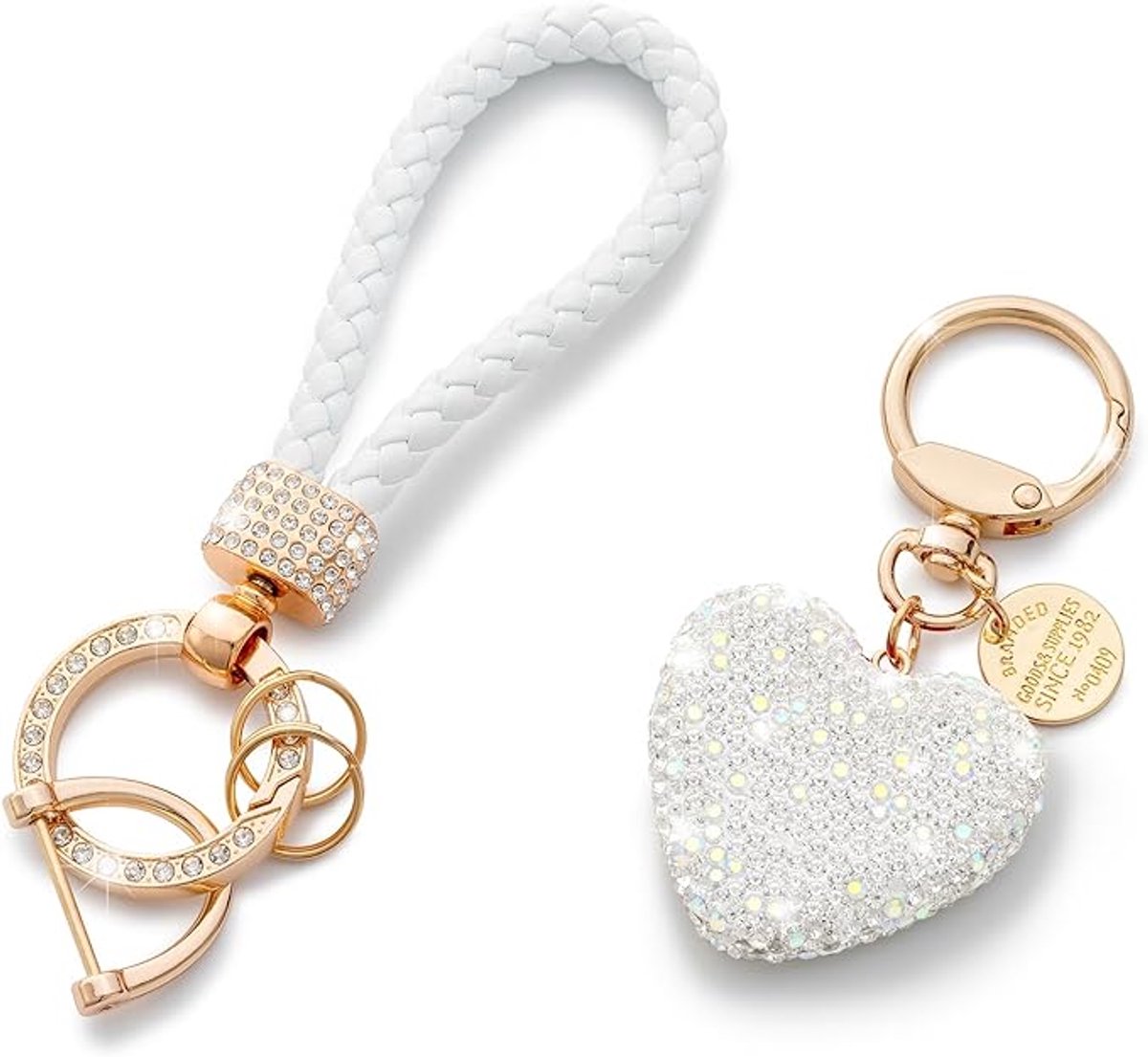Luxe Sleutelhanger met Hart – Strass & Roségoud – Gevlochten Koord – Dames – Cadeau-idee