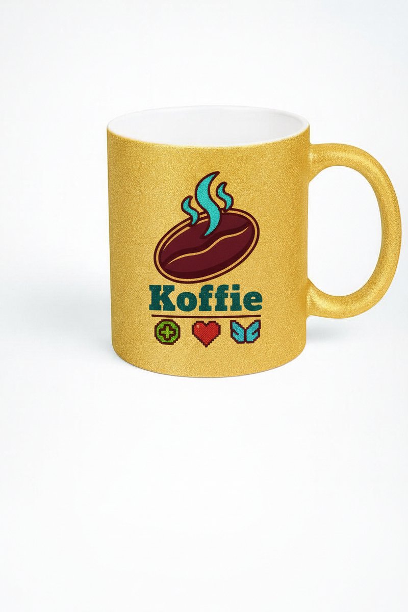Koffie Gamer Mok - Gouden Glitters met Pixel Art Design