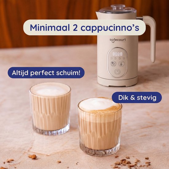 Safecourt kitchen Elektrische Melkopschuimer – 100% PFAS-vrij – Display & Temperatuurregeling – 4-in-1 – 350ml – Beige