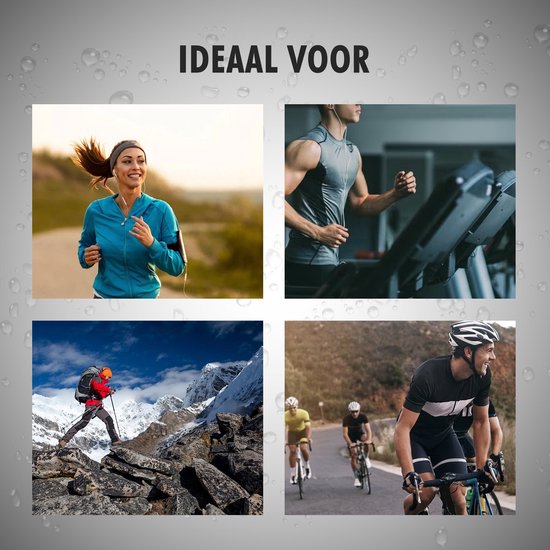 Quatre images : femme courant, homme sur tapis roulant, alpiniste, cyclistes.