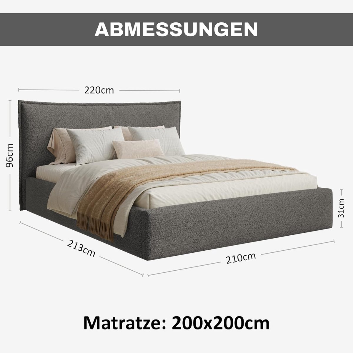 Gestoffeerd Bed 200x200 cm Bouclé met Opbergruimte en Bedlade – Modern Tweepersoonsbed met Hoofdbord en Lattenbodem – Antraciet – Pauwhome