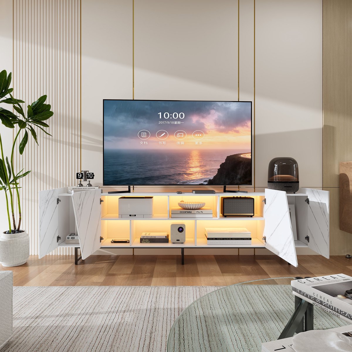 Modern tv-meubel 220 cm met marmerlook, afgeschuinde deuren en metalen frame, open en gesloten vakken, tv-tafel voor de woonkamer, wit
