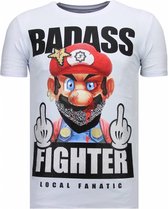 Fight Club Mario - Rhinestone T-shirt - Wit