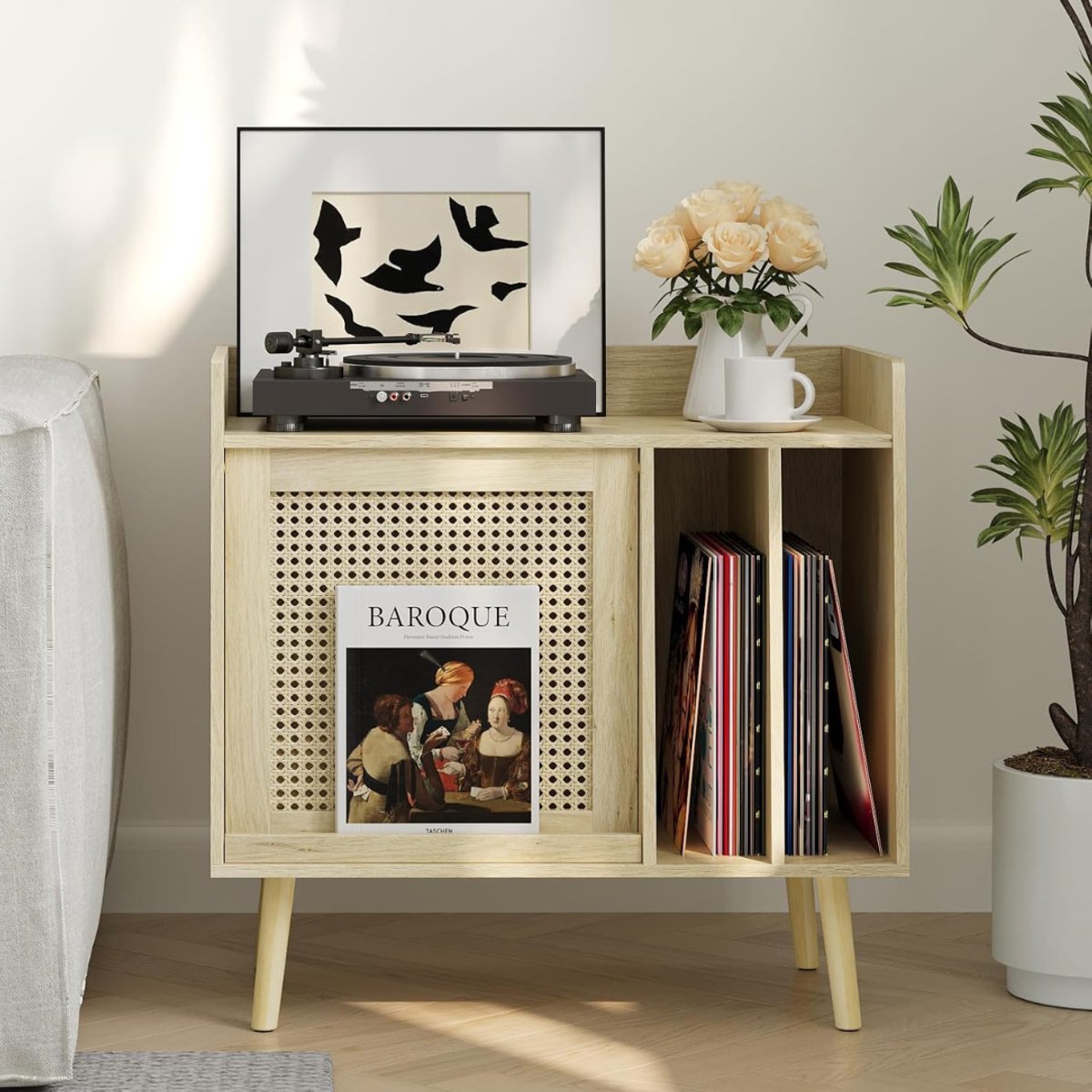 Platenspeler Meubel – Stand Platenspelerstandaard Met Vinyl Opbergsysteem - Beige