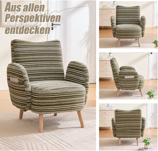 Stoel met groene en witte strepen, houten pootjes, met detailfoto's van de zijkant en de rug.