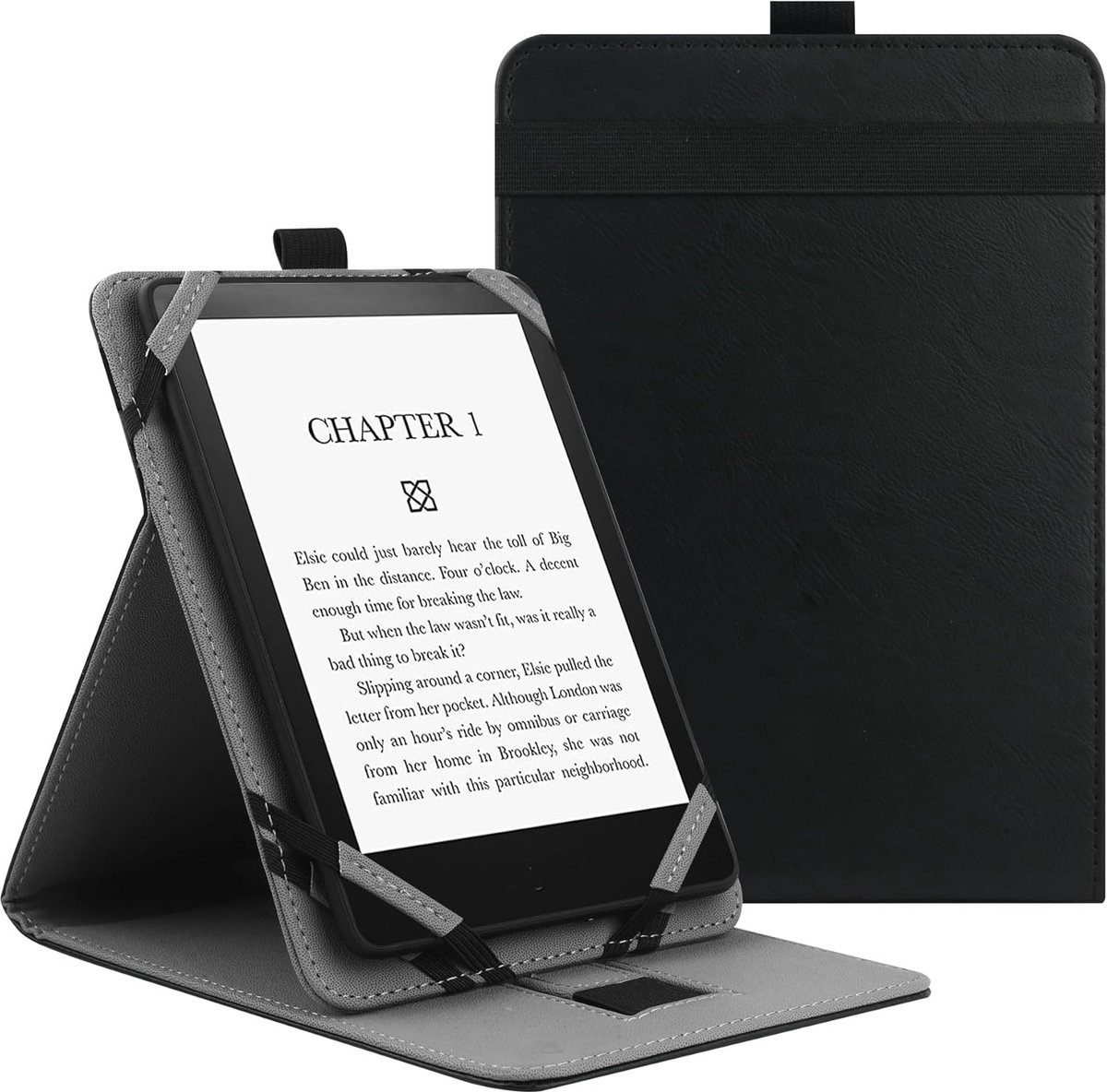 Universele Beschermhoes voor 6" 6.8" 7" eReaders, Folio Stand Cover met Handstrap Compatibel met Kobo/Tolino/Pocketook/Sony/paperwhite 6/6.8/7 inch e-book reader - Zwart