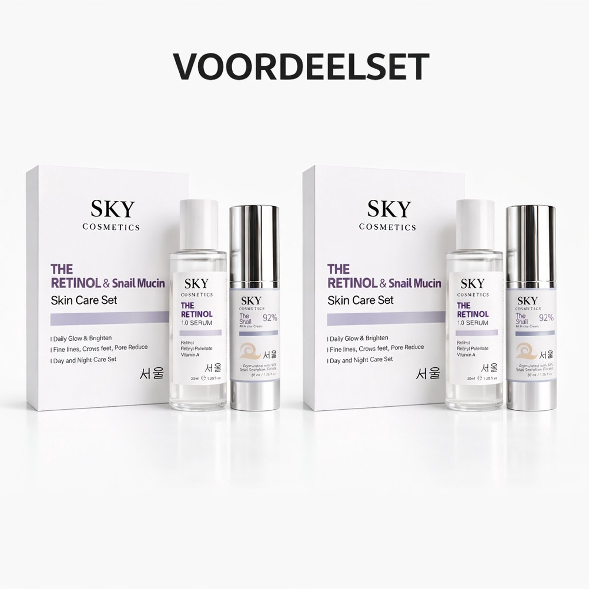 Slakkenslijm Gel (92%) + Retinol Serum Set – Korean Skincare – Huidvernieuwing & Littekens – Anti-Aging Gezichtsverzorging – 1+1 Voordeelset – SKY Cosmetics
