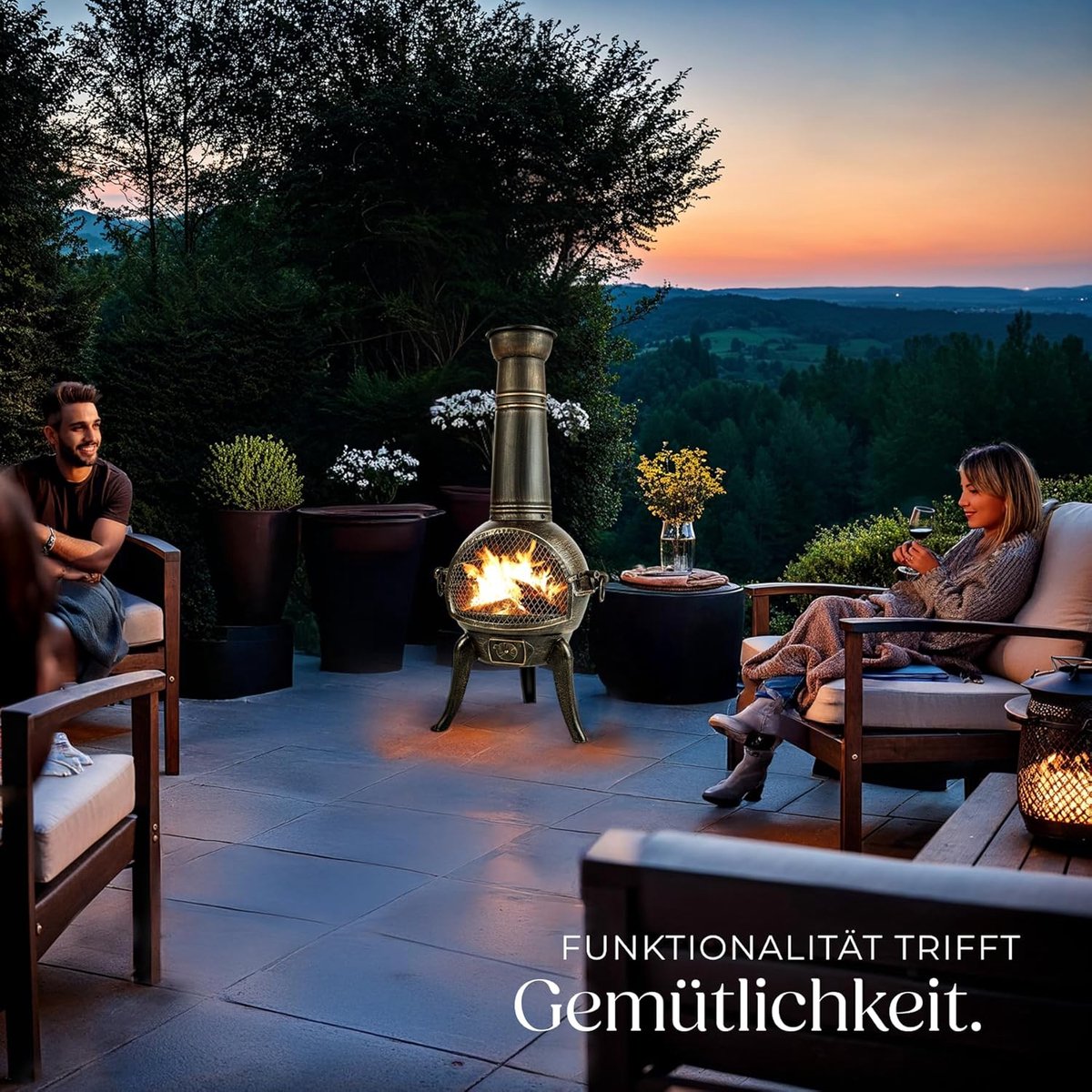 Terraskachel Vintage Azteekse Raketoven 115 x 52 x 44 cm Gietijzer met Grillrooster, Vonkbescherming en Pookhaak Antiek Design - NoviHome