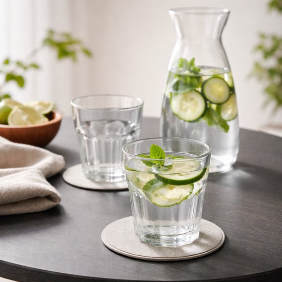 Deux verres d'eau avec concombre et menthe, à côté d'une carafe de la même boisson.