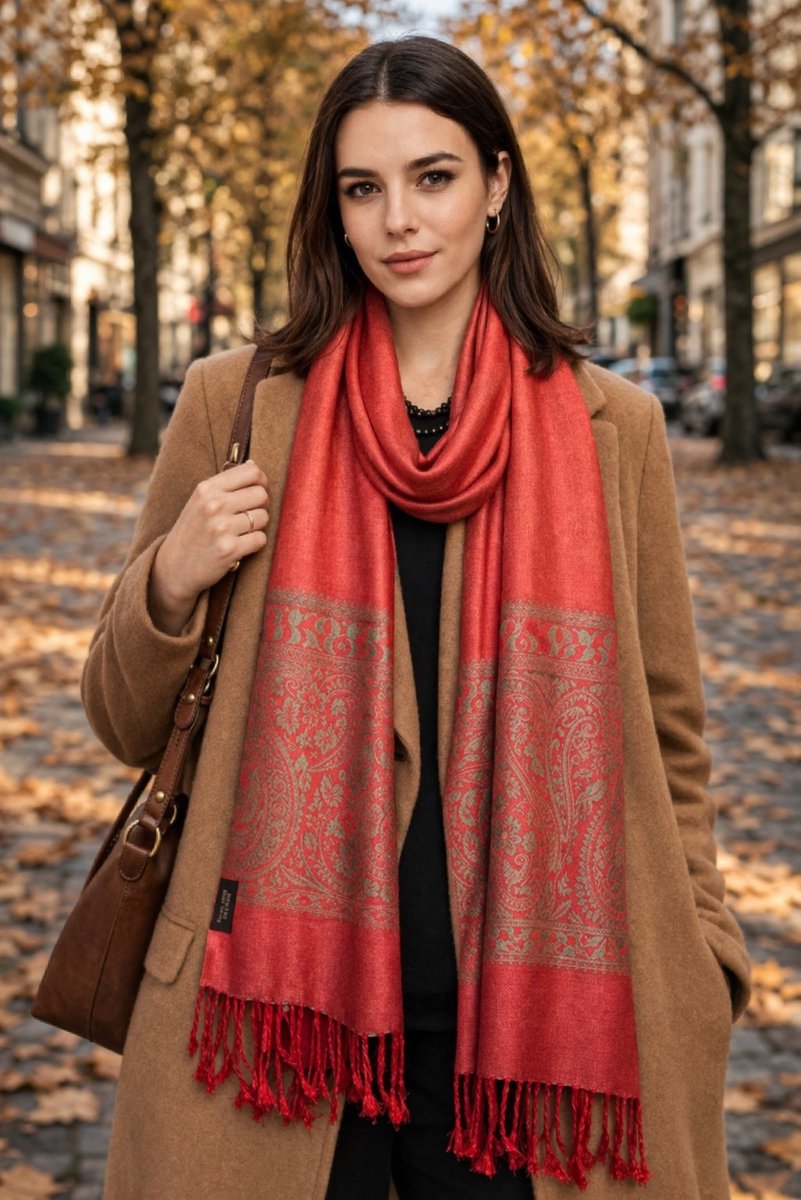 Dames Sjaal – Elegante Paisley Sjaal met Franjes – Warme Herfst Winter Mode Sjaal- Tweezijdige omslagdoek 217/5- Rood