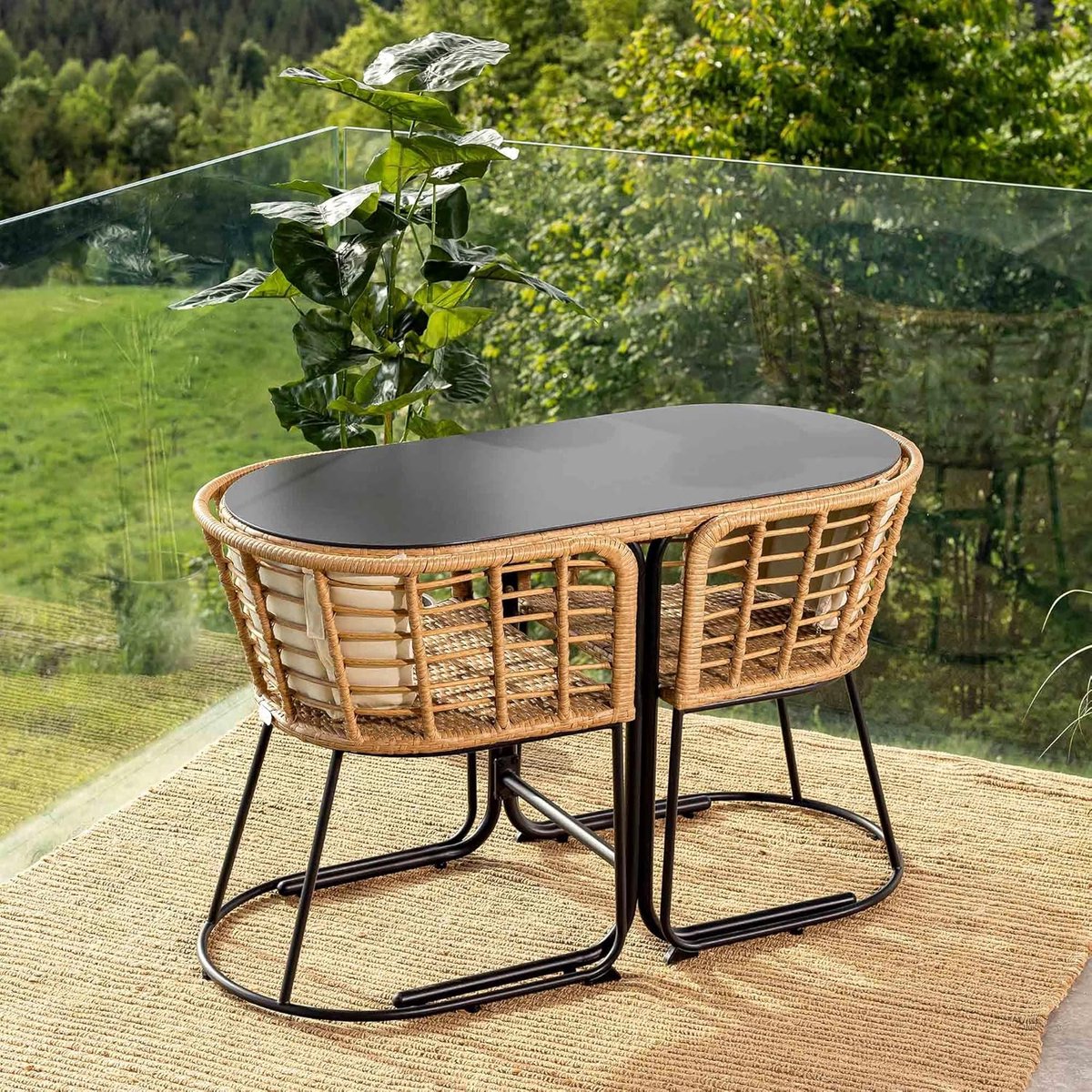 Tuinmeubelset 2 Personen 120x52x78 cm – Compacte Balkonset met Tafel en Stoelen, Waterdicht Polyrotan & Staal, Inclusief Kussens, Beige/Crème Boho Chic – Laura