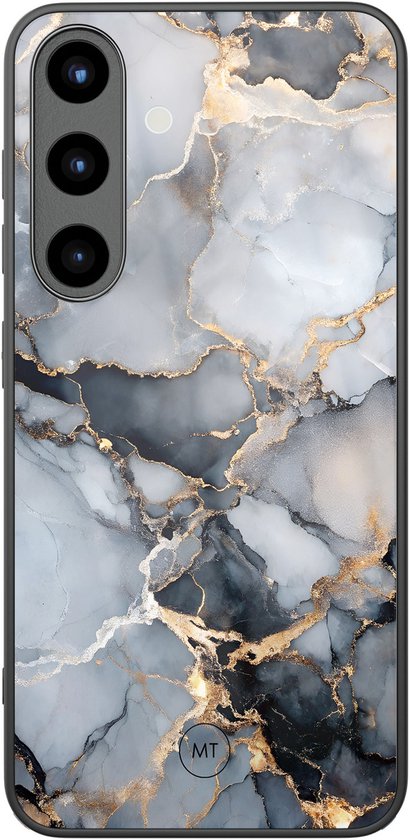 Coque arrière rigide noire pour téléphone avec un motif marbre gris et des veines dorées.