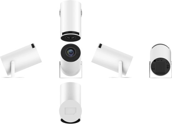 Vier weergaven van een witte, cilindervormige projector vanuit verschillende hoeken.