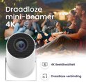 Witte mini-beamer 4K projecteert een scène van een stel op een kleed in de tuin. Functies: 4K beeldkwaliteit, draadloze verbinding.