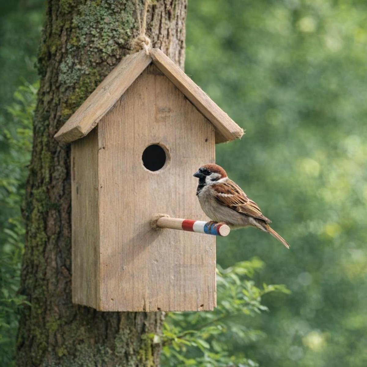 Een minimalistisch houten vogelhuisje met puntdak in de rustieke Dutch Mood stijl.
