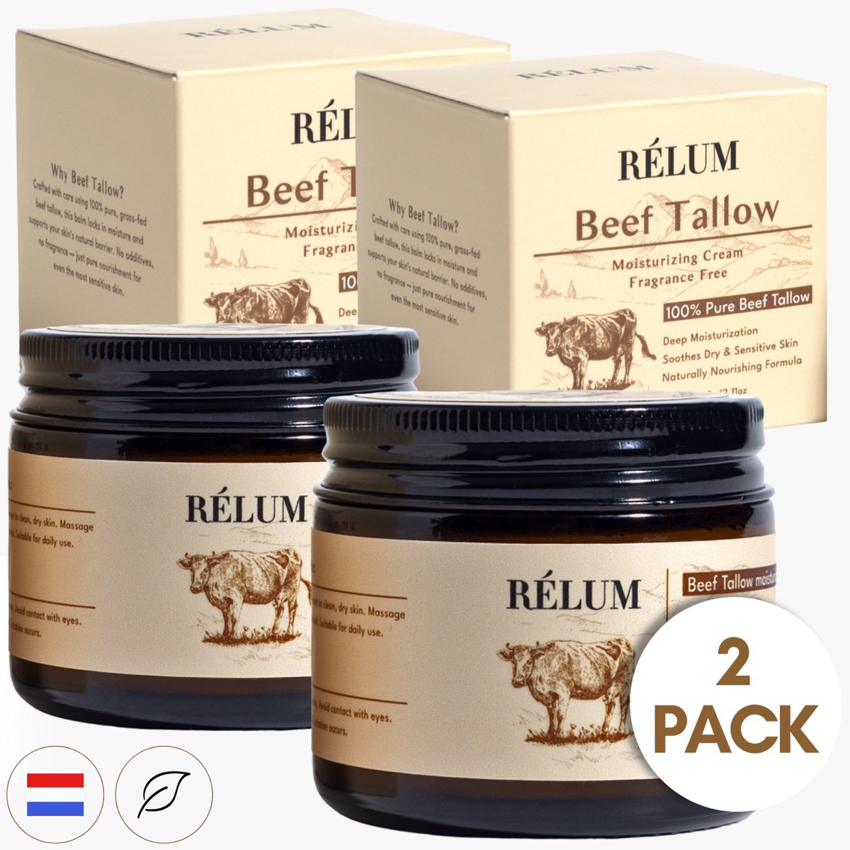 Rélum® 100% Beef Tallow Duo-Pack - 60ML - Grasgevoerd - Rundertalg - Dagcreme voor vrouwen - Nachtcreme - Balm - voor Gezicht & Lichaam