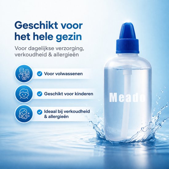 Meado neusdouche in opspattend water. Geschikt voor het hele gezin: volwassenen, kinderen. Ideaal bij verkoudheid & allergieën.