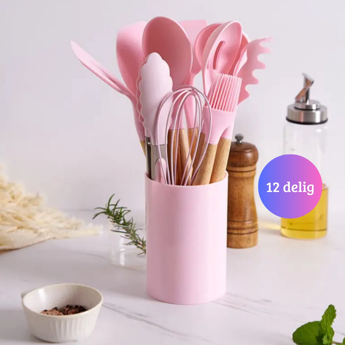 Janse® Siliconen keukengerei set 12 delig roze - Kookgerei - Spatel - Tang - Opscheplepel - Garde - Keukenset met houder