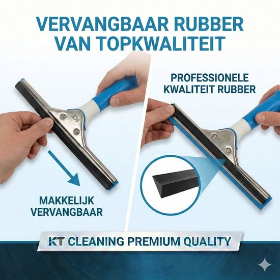 Demonstratie van het eenvoudig vervangen van het professionele rubber van een raamtrekker.
