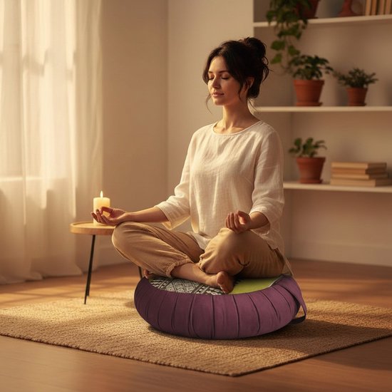 Zafu kussen - Coussin de yoga - kussen de Méditation - Coussin de méditation ronde - kussen Thai - Kapok - 40x40x18 cm - Vert / Brown