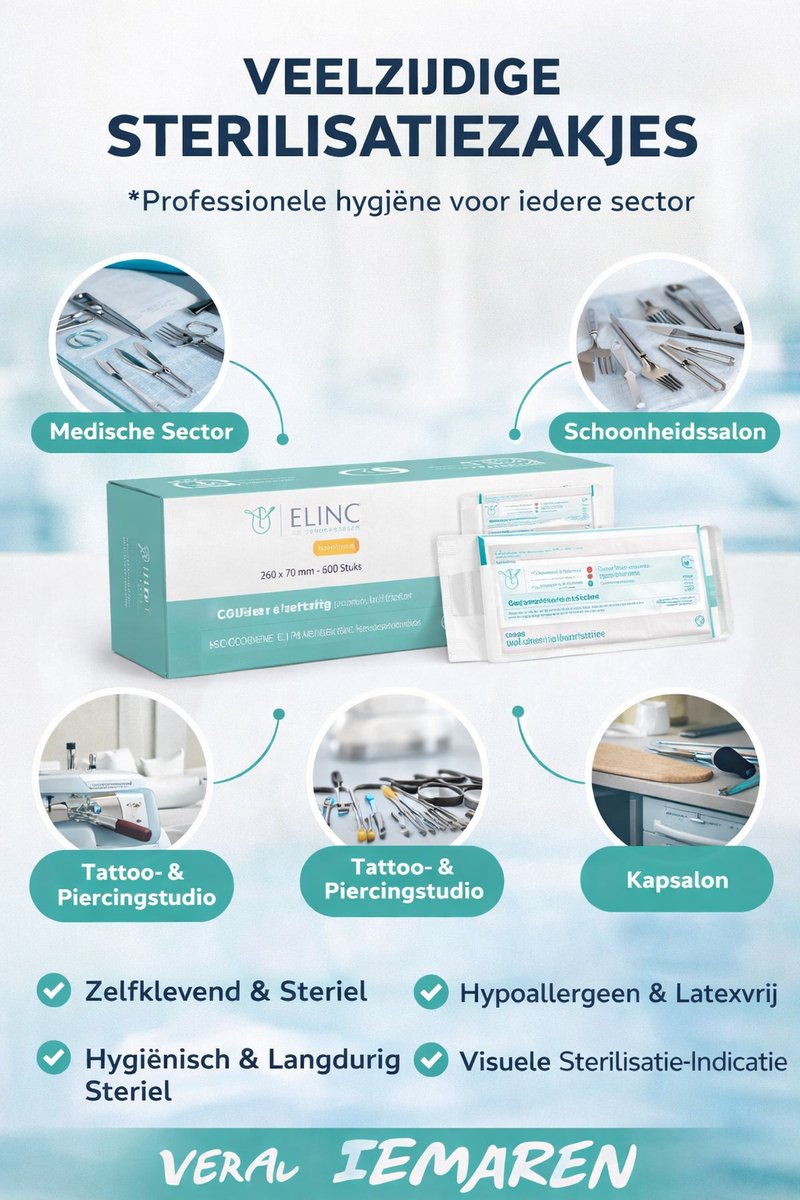 Sterilisatiezakjes 260x70 mm – 200 stuks, zelfklevend, steriel en hypoallergeen voor medische instrumenten, schoonheidsaccessoires, kapsalons en tattoo studios – betrouwbare, professionele hygiëne en langdurige sterilisatie.