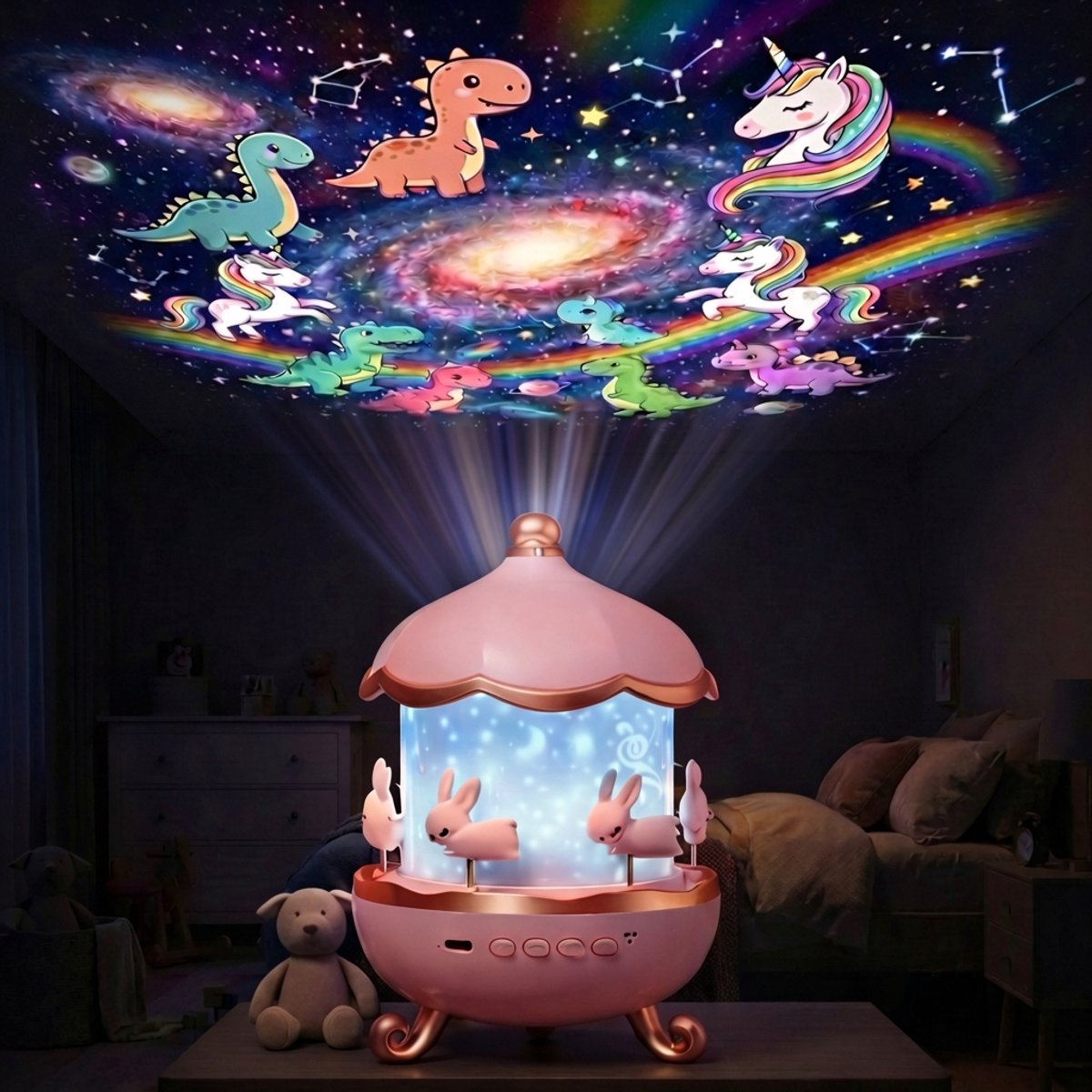 Sercano Sterren Projector – 21 Thema's – Kinder Nachtlampje met 8 Ingebouwde Muziek – 360° Rotatie – 21 Kleuren – Schattig Cadeau