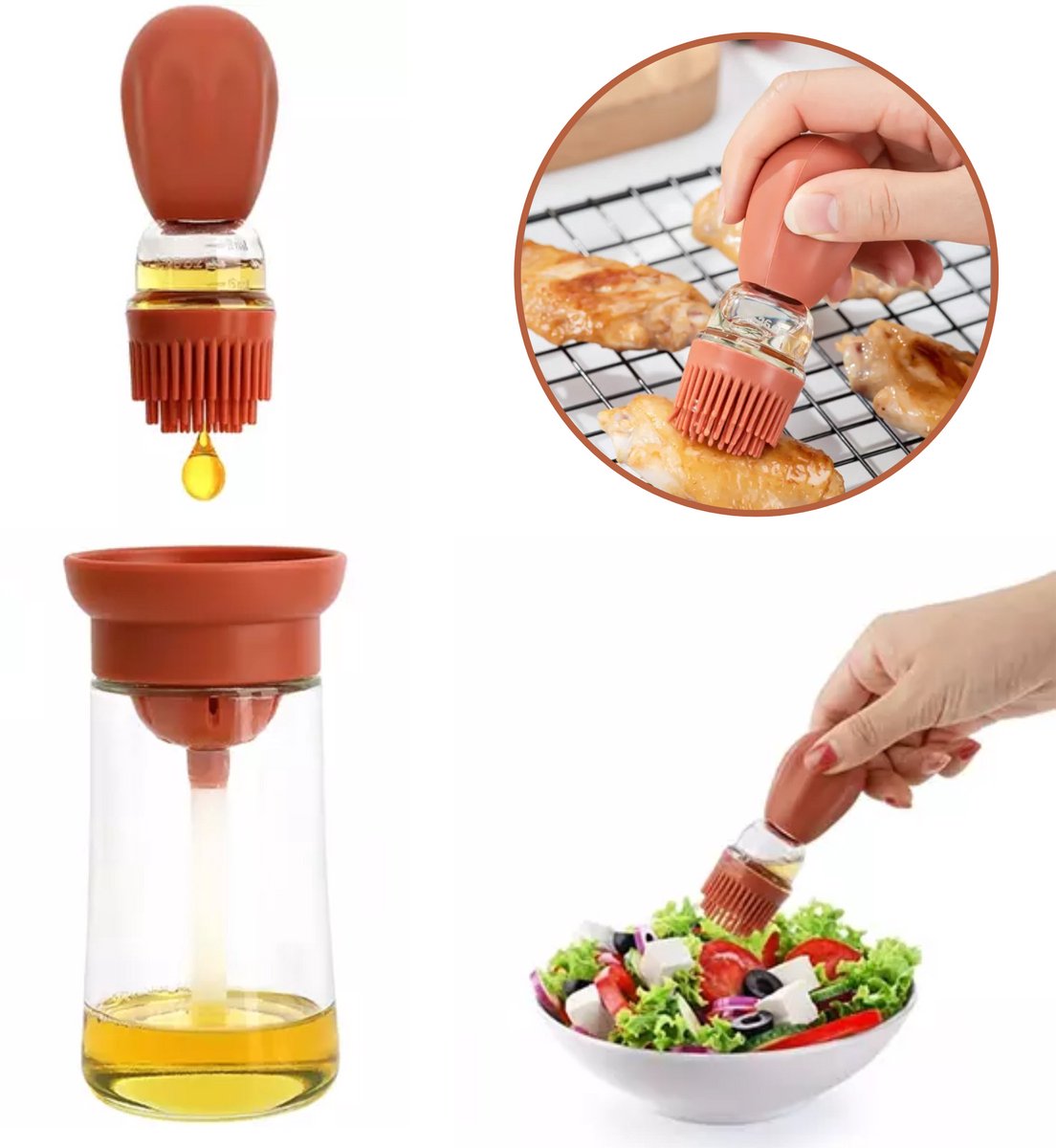 Janse® Olie dispenser - Terracotta - Keukengerei - Oliefles keuken - Olijfolie fles met siliconen opzetborstel - Barbeque oliedispenser - BBQ accessoires - Eten -Bakkwast - Bakken - Cooking oil dispenser - Vaatwasser bestendig