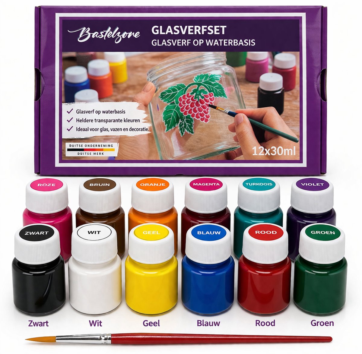 Bastelzone Glasverfset, 12 x 30 ml glasverf op waterbasis, Glaskleur voor decoratief design
