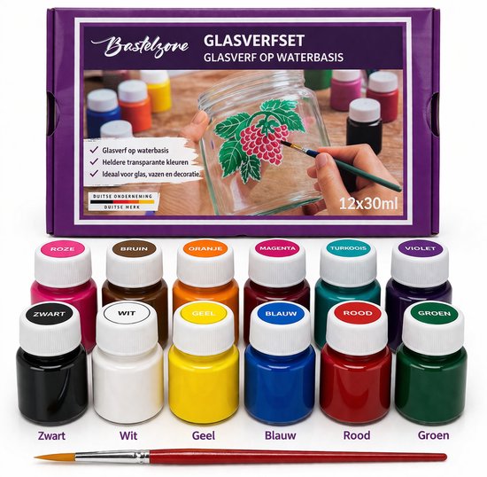 Set de peinture sur verre Bastelzone, 12 flacons de 30 ml : rose, marron, orange, magenta, turquoise, violet, noir, blanc, jaune, bleu, rouge, vert. Pinceau inclus.