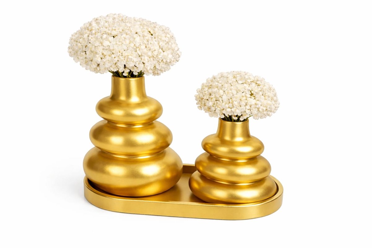 QORVANE Home - 3-delige gouden vaas set met tray - decoratieve siervazen voor moderne woondecoratie