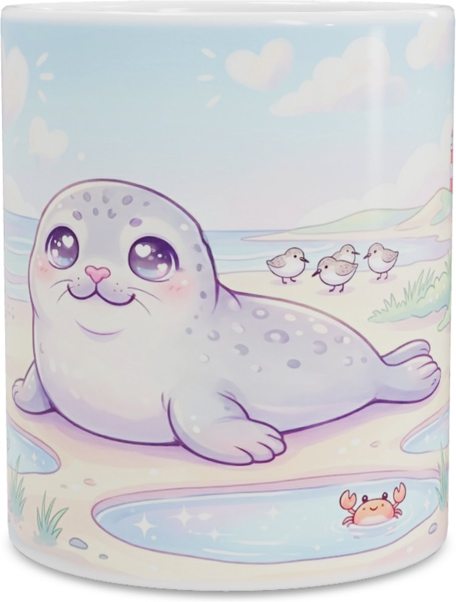 Lieve Kawaii Series Zeehond Koffiemok met Hartjes Wolken, Strand, Vuurtoren en Kustvogels in Pastel Landschap - Schattige Dieren Theebeker voor op het Werk Kantoor of Thuis - Lief Cadeau voor haar: Dochter, Vrouw, Vriend(in) of Collega
