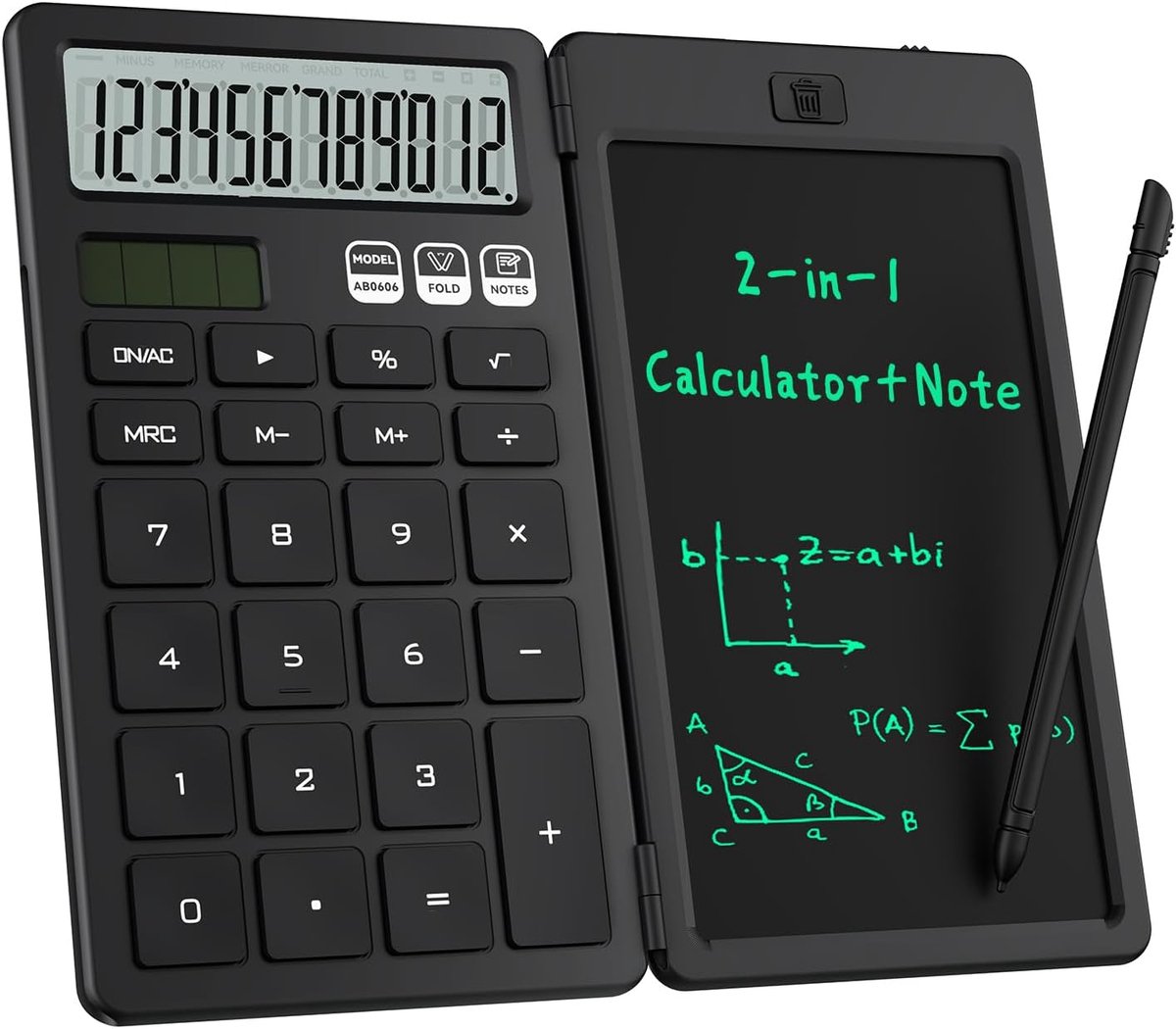 2-in-1 opvouwbare rekenmachine met uitwisbaar lcd-schrijfblad en 12-bits groot HD-display - Oplaadbare zonne-energie voor Studenten en Kantoor