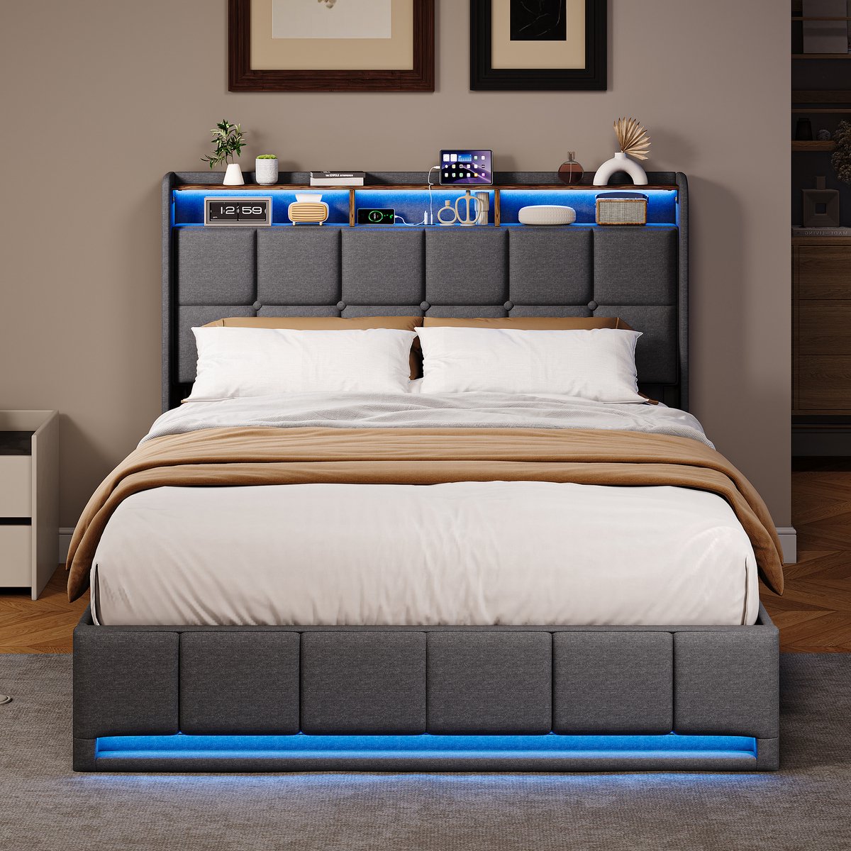 SHOPENTRA Opbergbed 160x200 cm Grijs met LED Hoofd- & Voetbord - SHOPENTRA - €309,99
