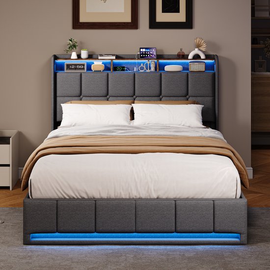 Opbergbed 160x200 cm Grijs – Linnen Tweepersoonsbed met Gasveer, LED Hoofd- & Voetbord, USB/Type-C