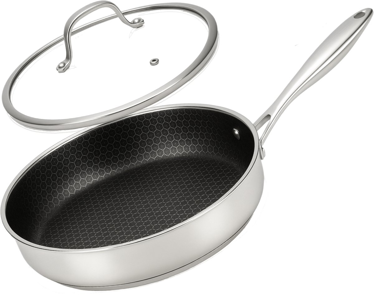 Pasper Hapjespan Ø 28 cm met deksel - PFAS & PTFE vrij - Inductie, Elektrisch, Keramisch & Gas - RVS Honingraat Anti-Aanbakpan Sauteerpan