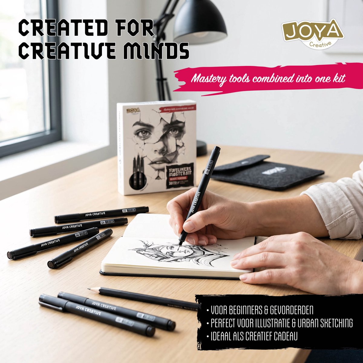 Joya Creative Fineliners Zwart Set - 10 Fineliners met Verschillende Diktes - Pen Case - Schetsboek - Brush Pen - Handlettering en Manga Tekenen — afbeelding 5