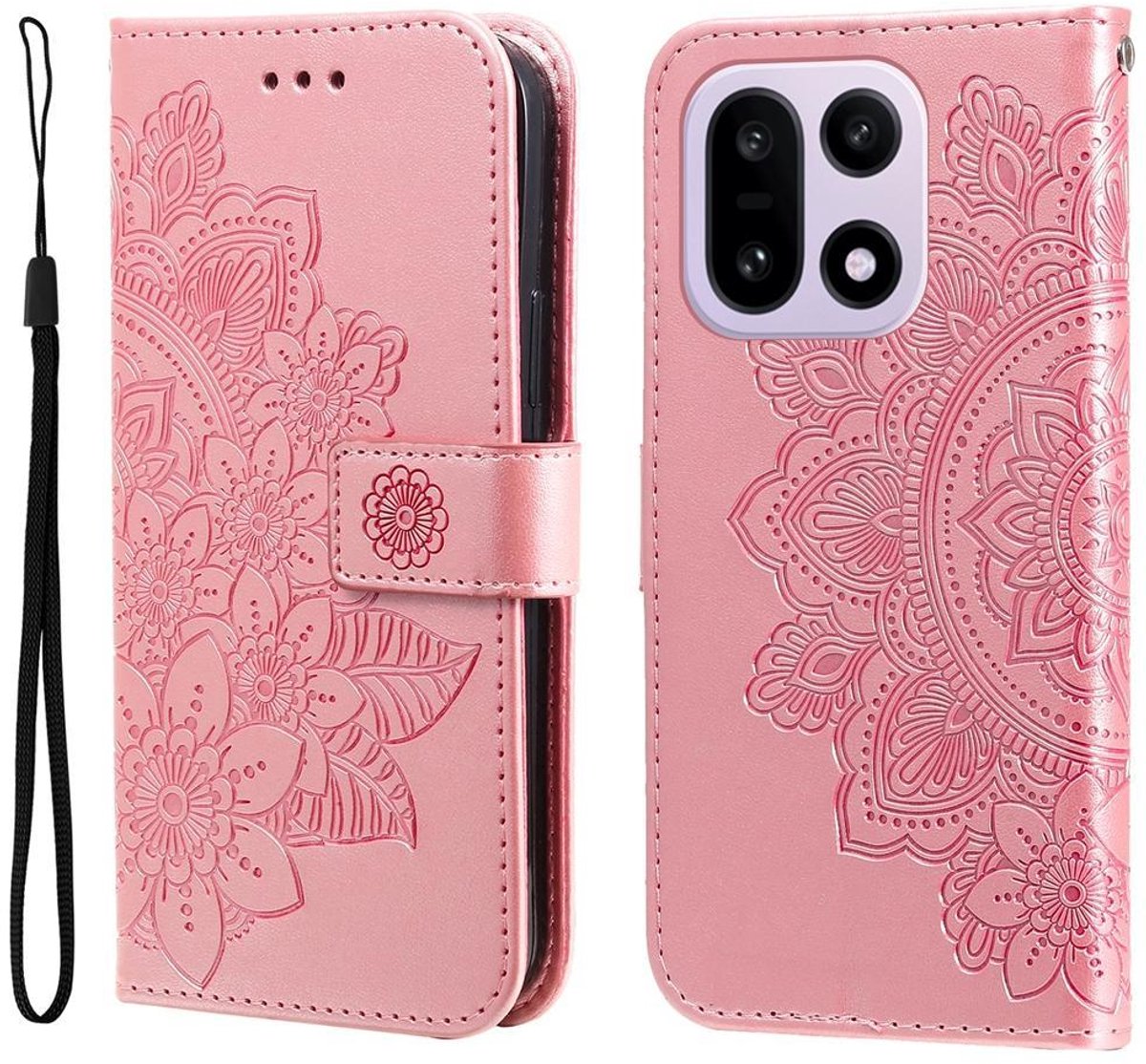 Mobigear Telefoonhoesje geschikt voor OnePlus 15 Hoesje | Mobigear Flowers Bookcase Portemonnee | Pasjeshouder voor 3 Pasjes | Telefoonhoesje voor Pinpas / OV Kaart / Rijbewijs - Roségoud