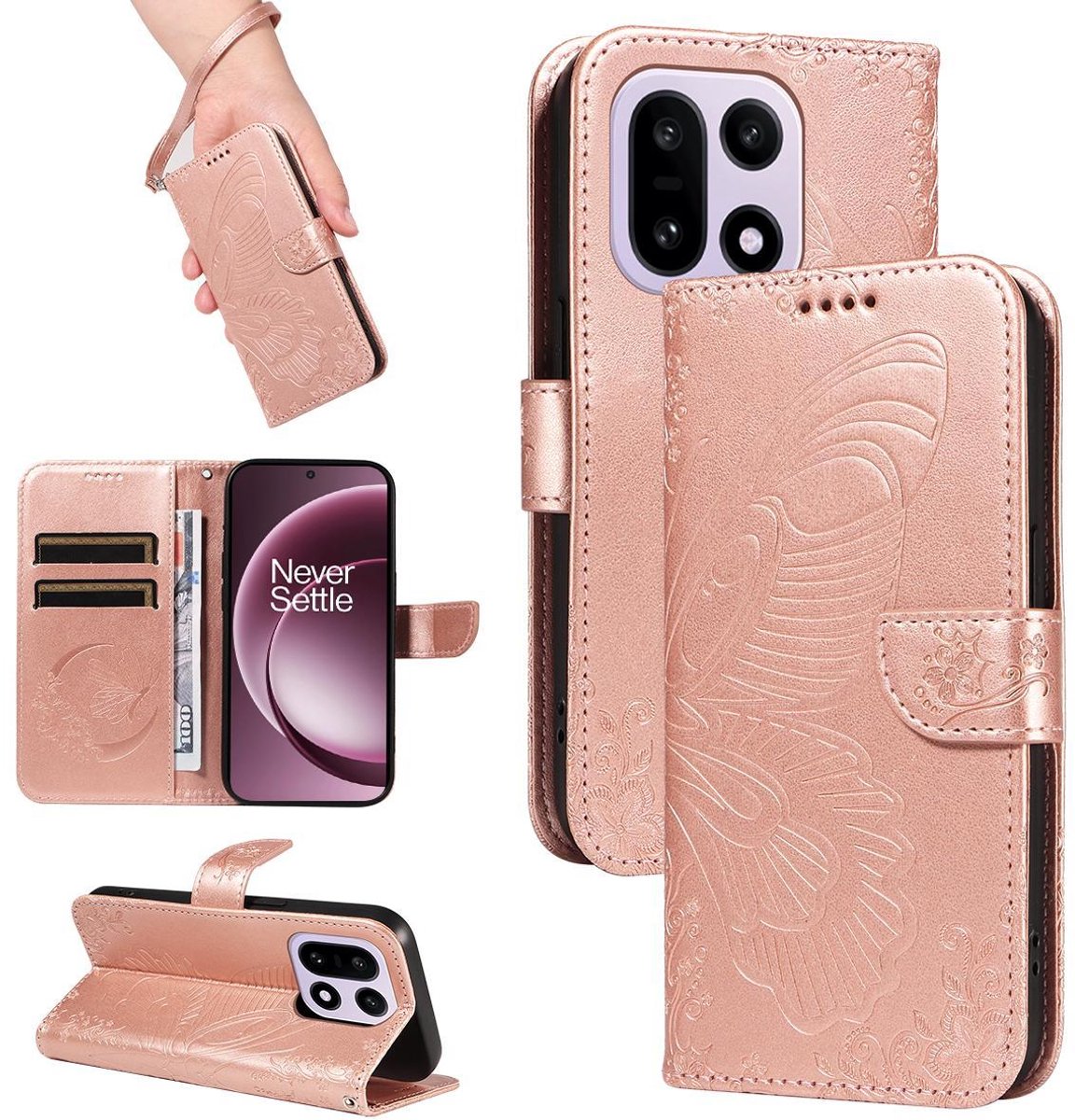 Mobigear Telefoonhoesje geschikt voor OnePlus 15 Hoesje | Mobigear Butterfly Bookcase Portemonnee | Pasjeshouder voor 2 Pasjes | Telefoonhoesje voor Pinpas / OV Kaart / Rijbewijs - Roségoud