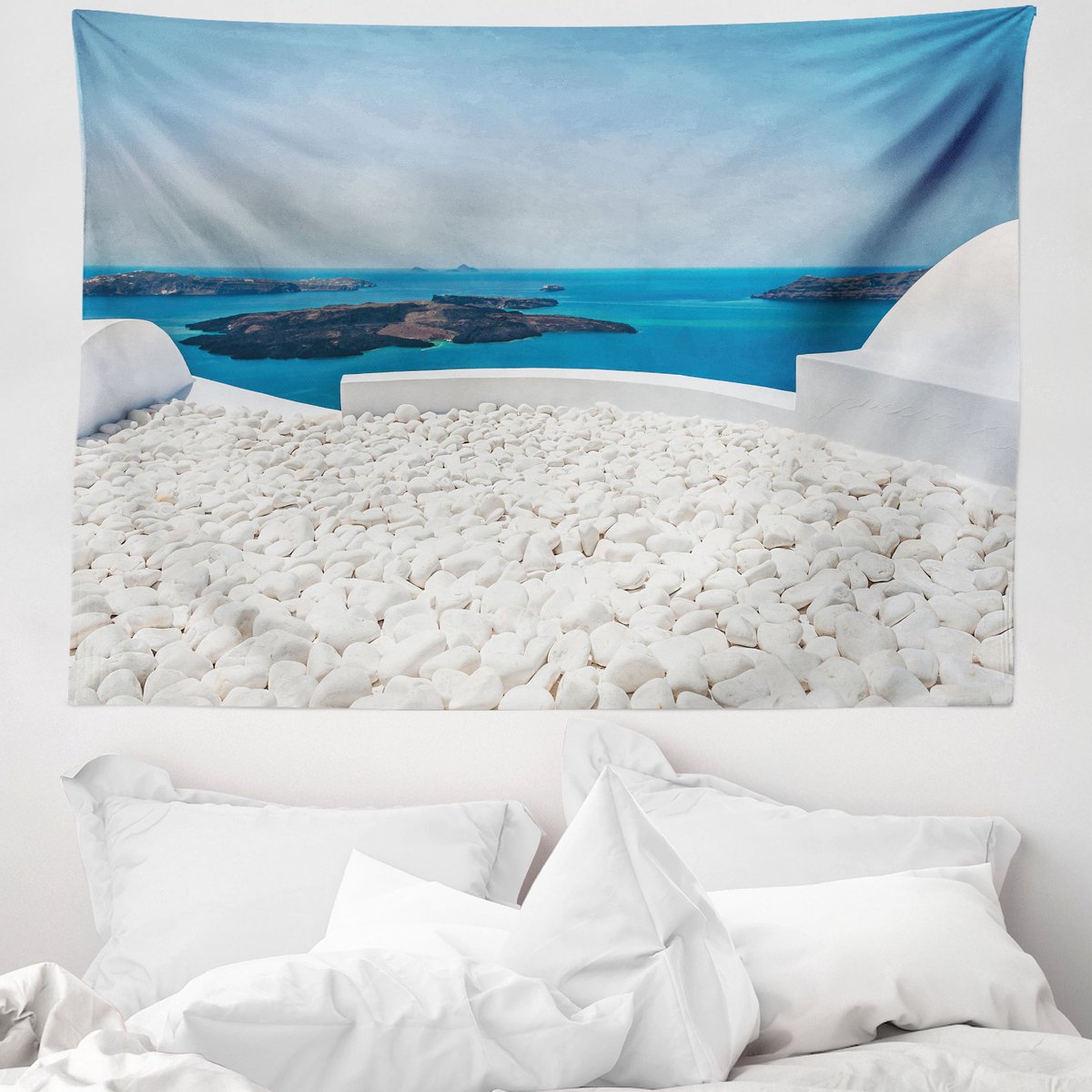 ABAKUHAUS Reiswandtapijt en sprei, Santorini-eiland, 150 x 110 cm, turquoise en wit Turkoois en wit