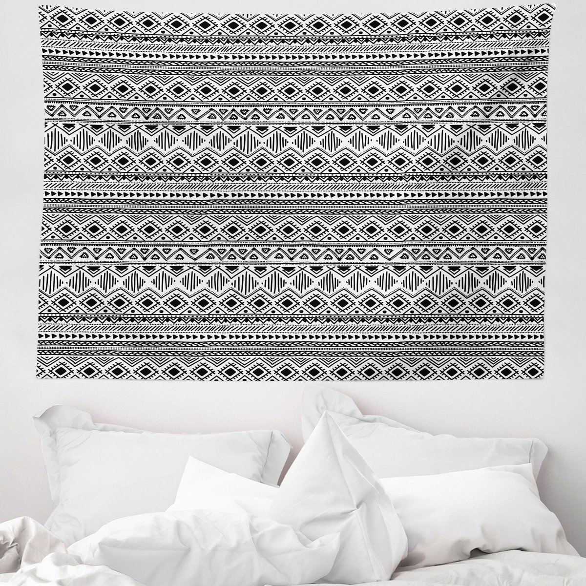 ABAKUHAUS Azteeks wandtapijt, geometrische abstracte ruitvormen, 150 x 110 cm, zwart-wit
