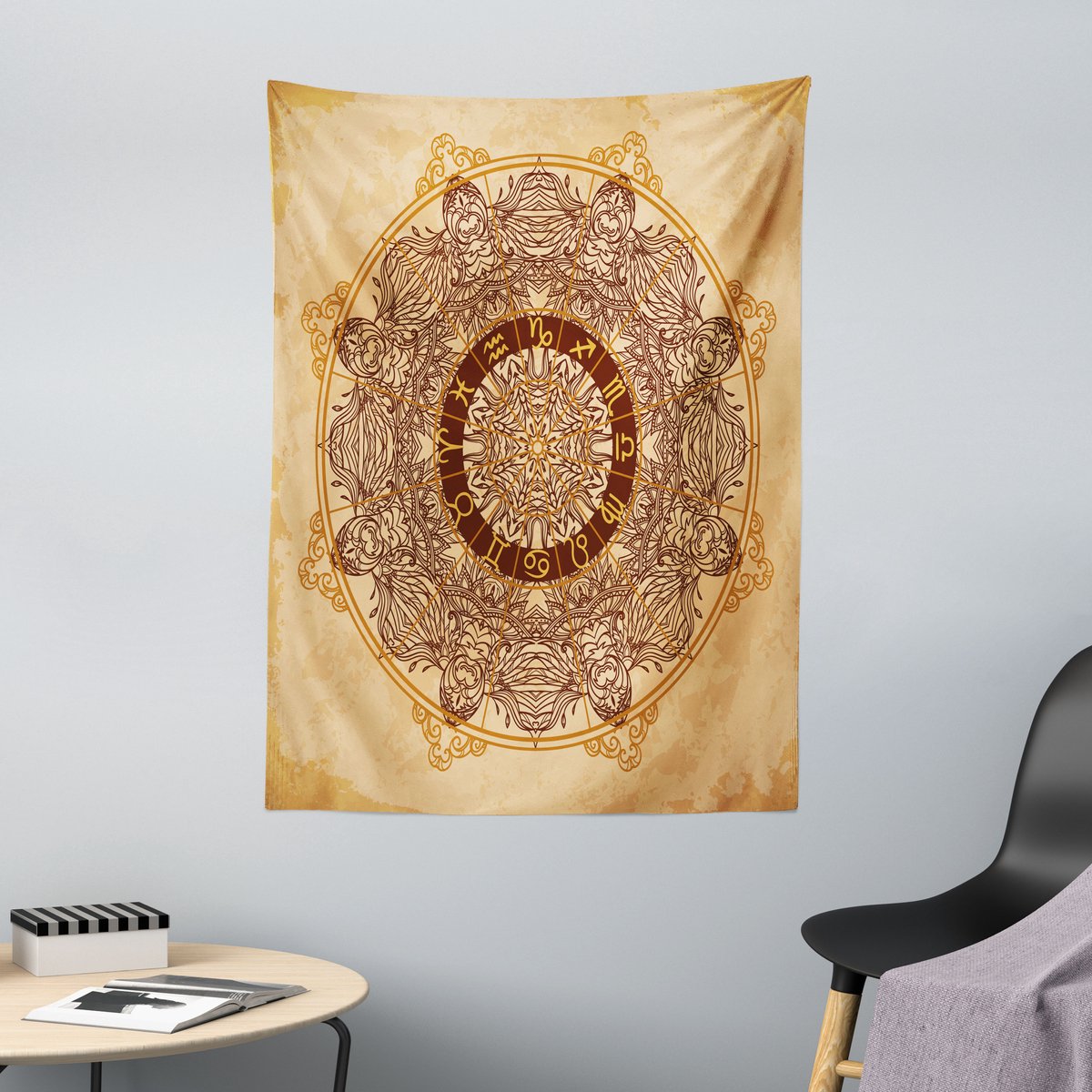 ABAKUHAUS Zodiac Wandtapijt en Sprei, Astrologie op de leeftijd van ..., 110 x 150 cm, Bruin/Tan