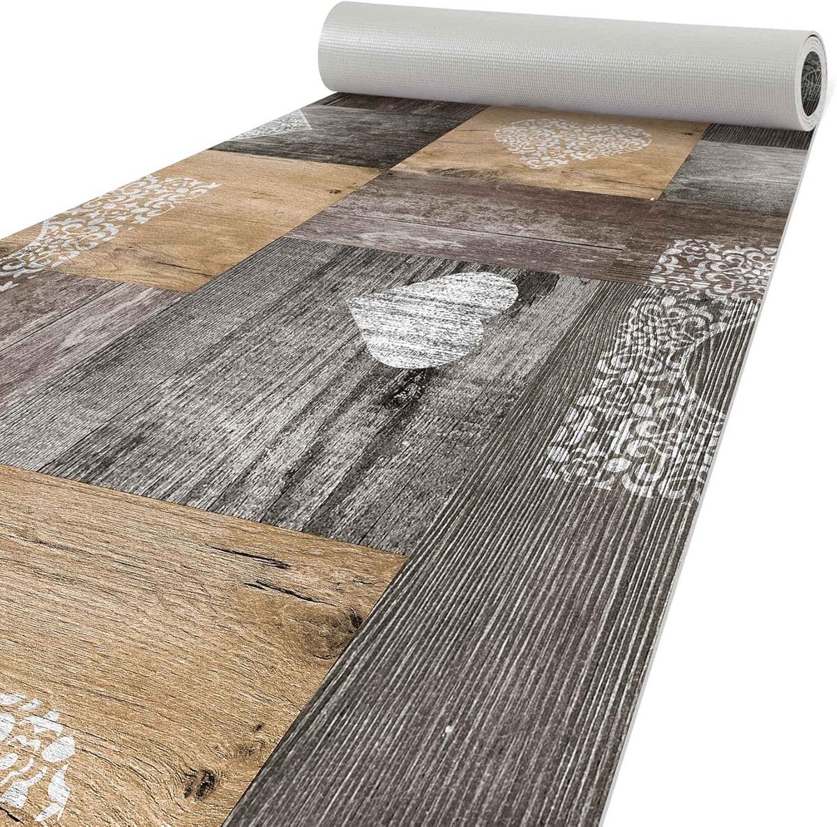 Antislip Keukenloper Hout-Look Bruin Hart / Liefde Thema - Wasbaar - 200x50 cm