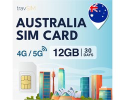 SIM Kaart Australië | 12GB Mobiele Gegevens met 4G/5G Snelheden | Gratis Roaming in Nieuw-Zeeland | Geldig voor 30 Dagen