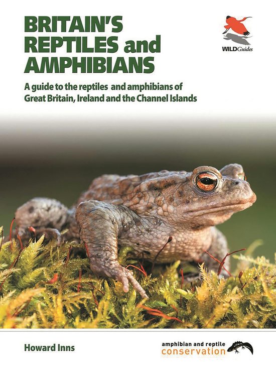 Boekomslag: 'BRITAIN'S REPTILES and AMPHIBIANS' met een bruine pad op mos.