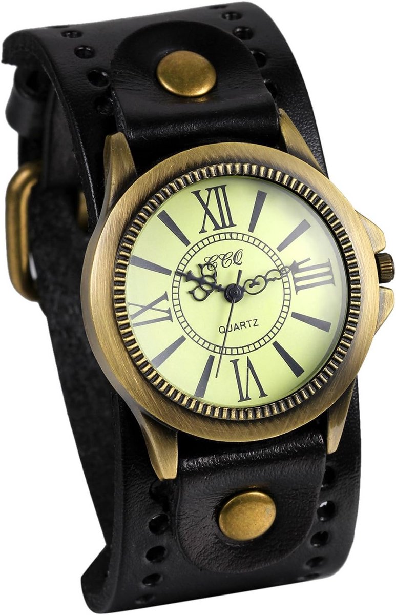 Vintage Leren Polshorloge Unisex met Romeinse Cijfers en Gespsluiting
