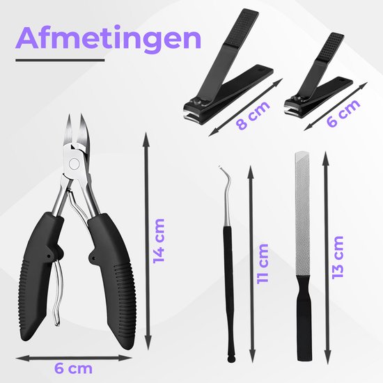 Afmetingen van de nagelknippers: 14 cm, 8 cm, 6 cm, 13 cm en 11 cm.