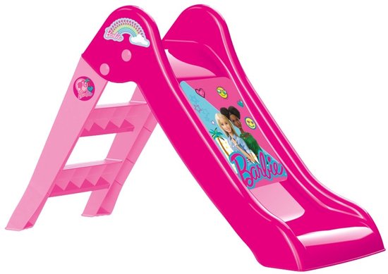 Roze Barbie-glijbaan met regenboog en Barbie-afbeelding.