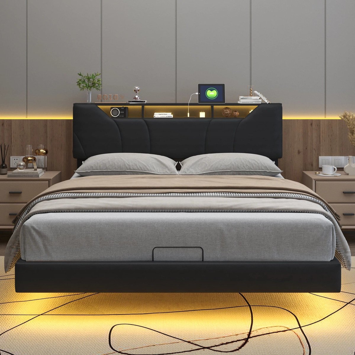 Gestoffeerd Tweepersoonsbed – Opbergbed – Slaapbank – Led Bed – Boxspring – Zwart 140x200 cm – Hydraulische Opbergruimte – Verstelbaar Hoofdeinde